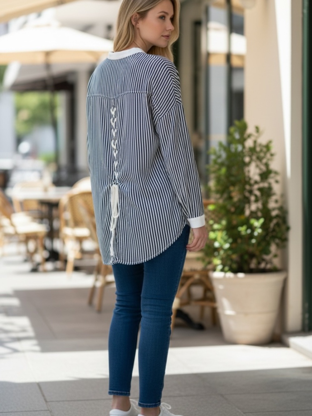Stripe Collar Button Down Lace Up Back Top Blouse